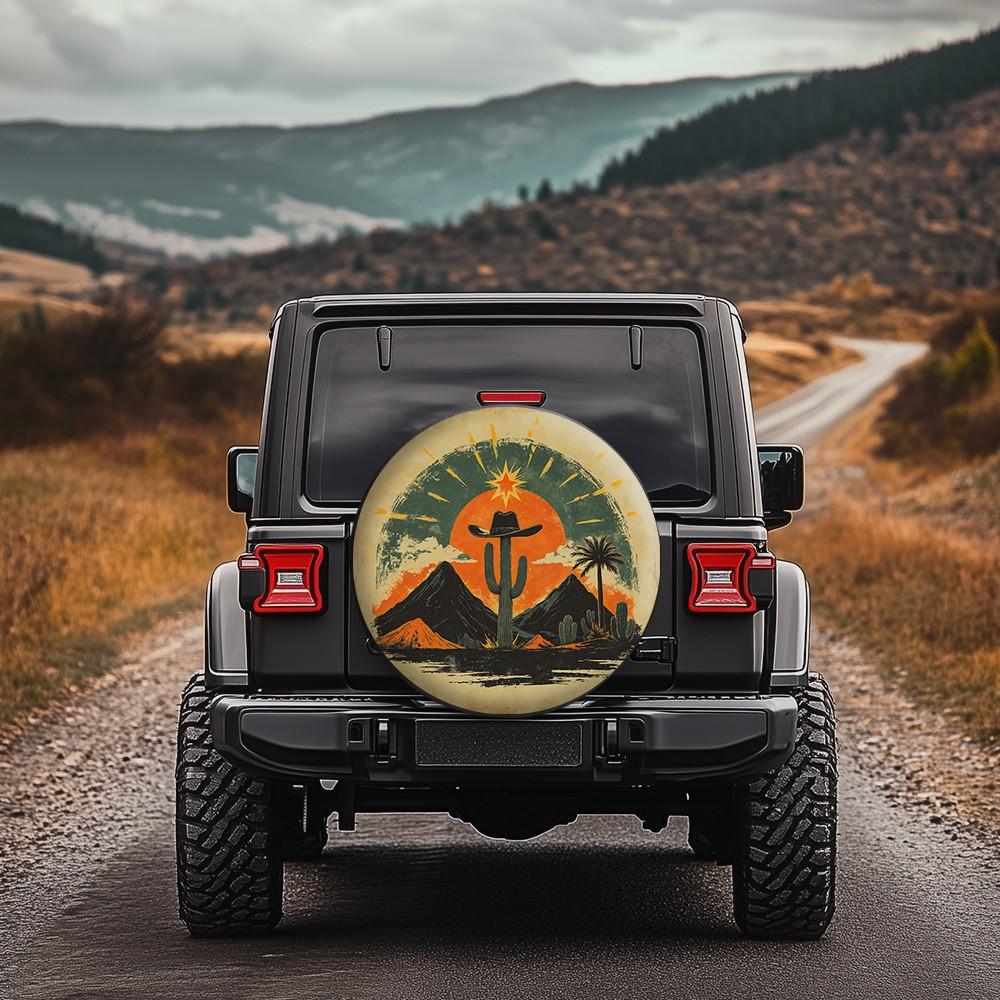 Western Sunset Cactus Tire Cover Polyester Waterproof Sun Protection Cover for SUV Truck