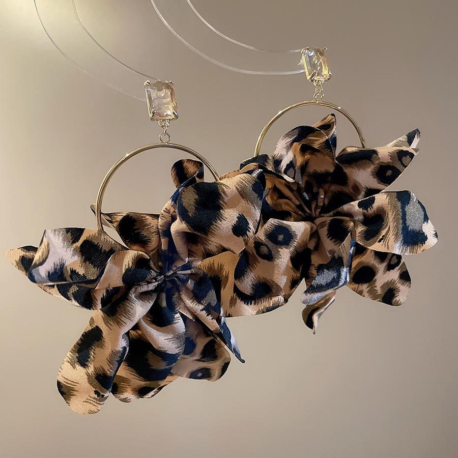 European and American retro fabric flower fringed leopard print earrings earrings personalized temperament earrings women