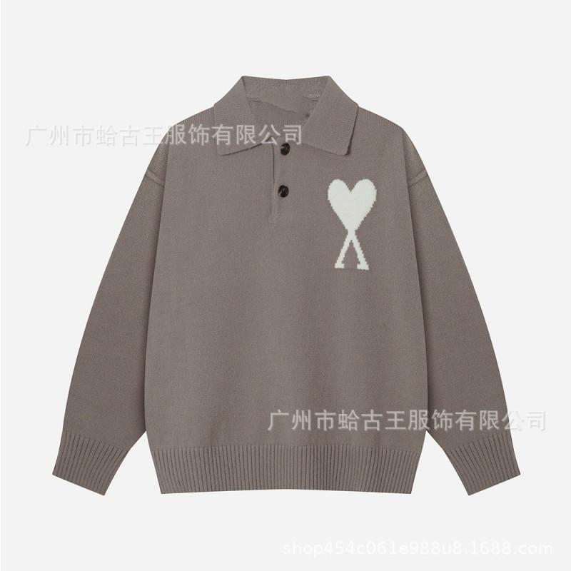 Unisex Cotton Blend Knit Sweater With Heart Jacquard Loose Fit Long Sleeve