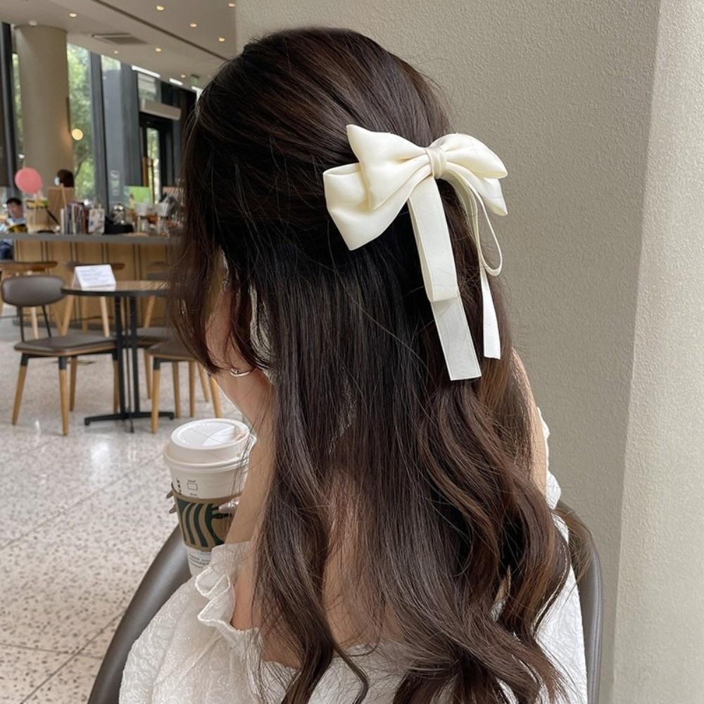 2pcs Long Tassel Ribbon Bow Headband Elegant Solid Color Girls Hair Accessories Double Layer Hairpin Hair Grips