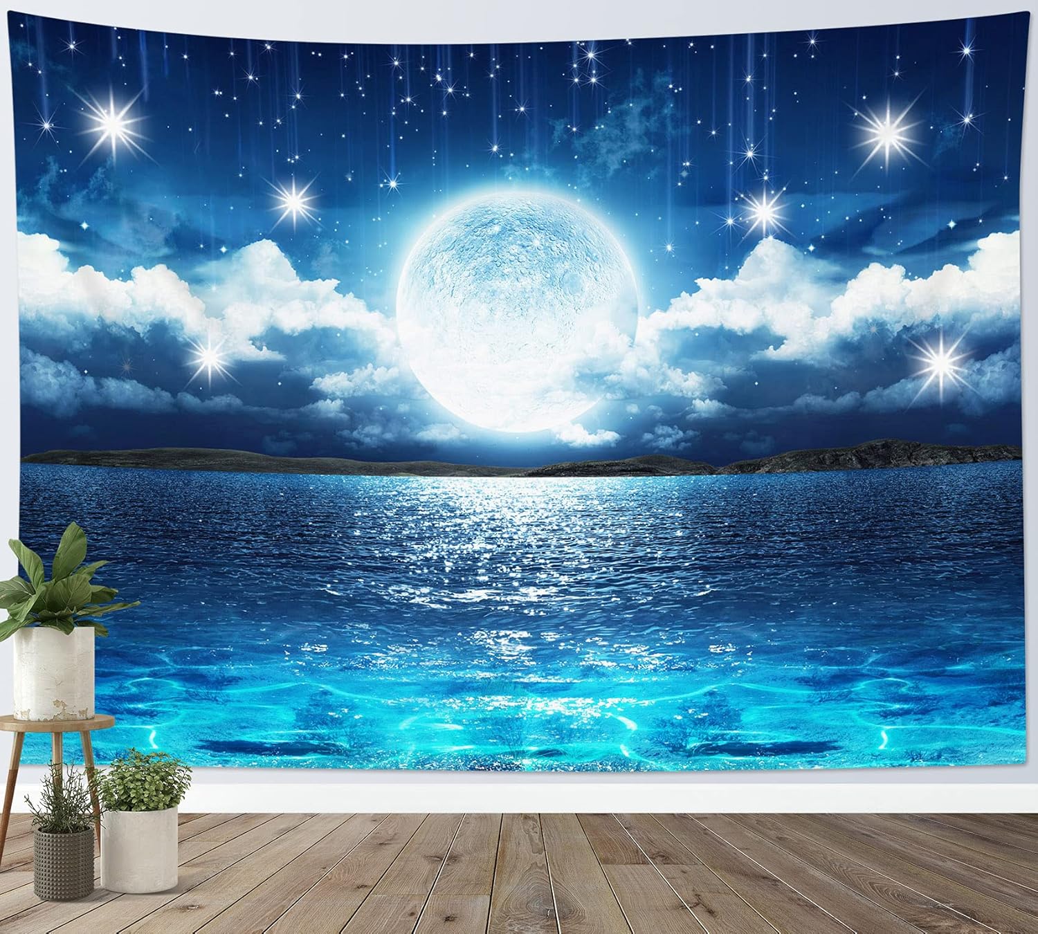 

Moon Over Ocean Tapestry Full Moon Night Sky with Cherry Blossom Tree Wall Tapestry for Bedroom Cloud Pink Floral Wall Hanging 74x94cm(29x37in)