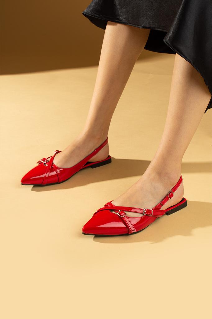 Pointed Toe Double Buckle Women's Ballerina Flats 64-105-24 Patent Leather