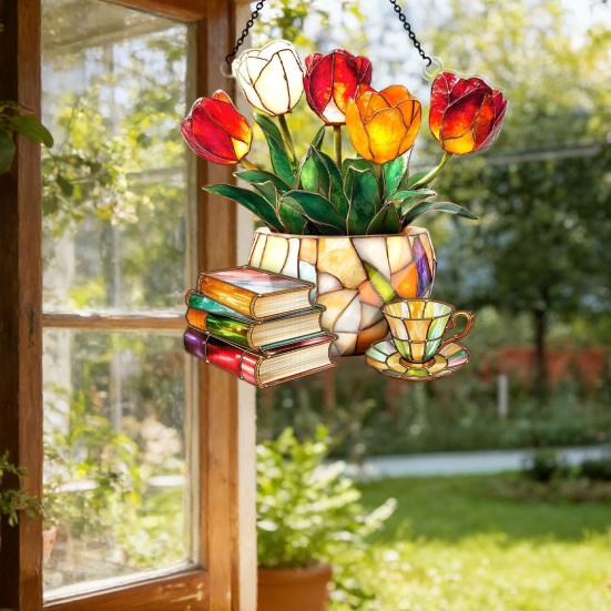 Tulip And Book Sun Catcher Acrylic Flower Suncatcher Window Hanging Decoration for Home Living Room Bedroom Outdoor Decor