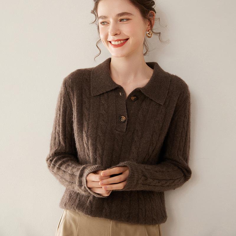 2025 Autumn/Winter Women's Cable Knit Cashmere Polo Collar Pullover