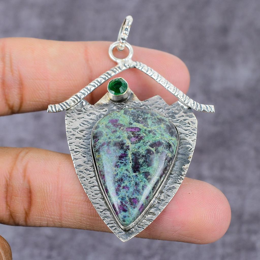 Ruby in Fuchsite, Diopside  Ethnic 925 Silver Gift Pendant 2.27" H5T92