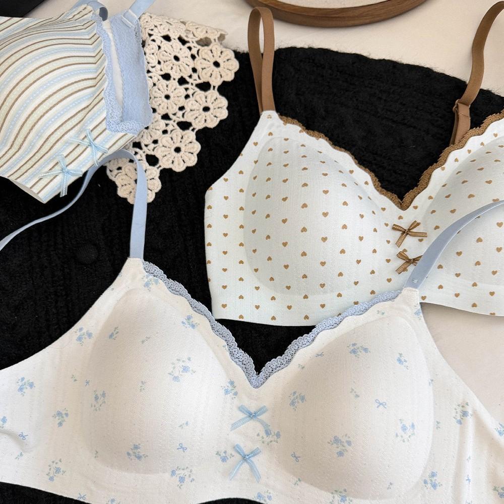 Traceless polka dot floral bra women's small breasts gather without steel ring jelly strip fixed cup comfortable and breathable beautiful back