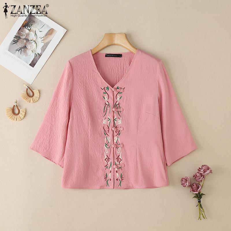 ZANZEA Women Summer V-Neck 3/4 Sleeve Casual Embroidery Blouse