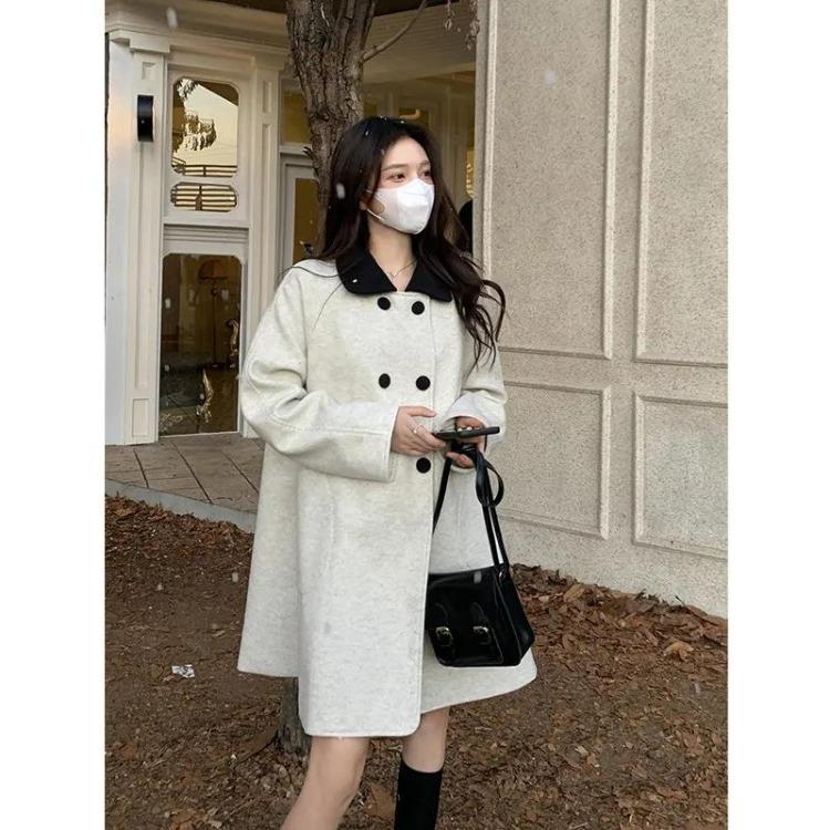 French Style Double Breasted Woolen Coat Women Autumn Winter Oatmeal Lapel Long Sleeved Latest Design S
