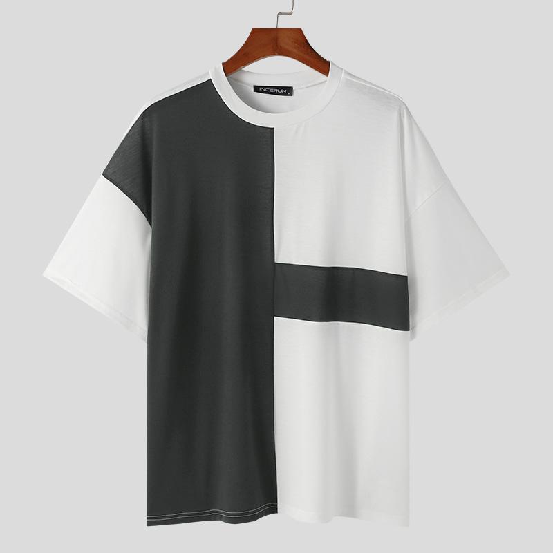 INCERUN Pánská nadměrná trička s krátkým rukávem v kontrastních barvách s prošíváním, ležérní patchworková trička