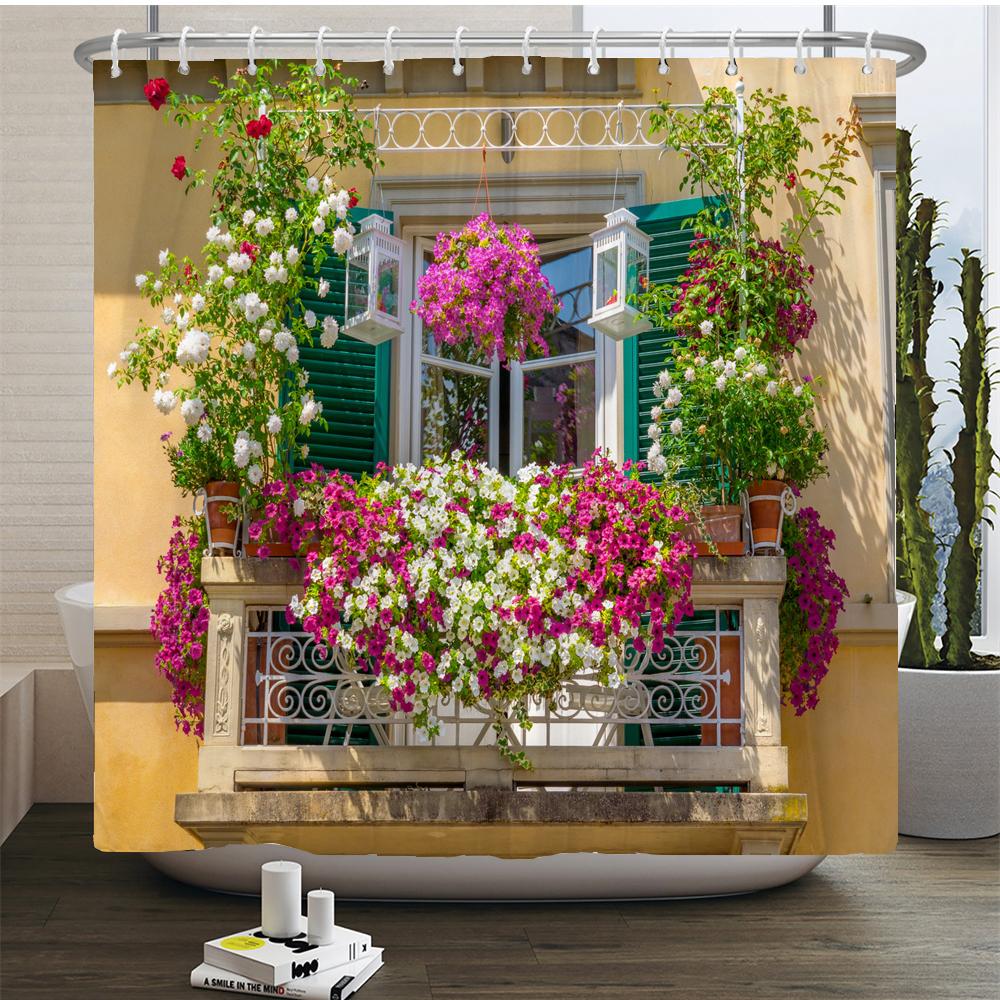 Flowers Scenery Waterproof Shower Curtains Rural Street Flowers Bathroom Curtains Polyester Fabric Washable Decor Bath Curtains