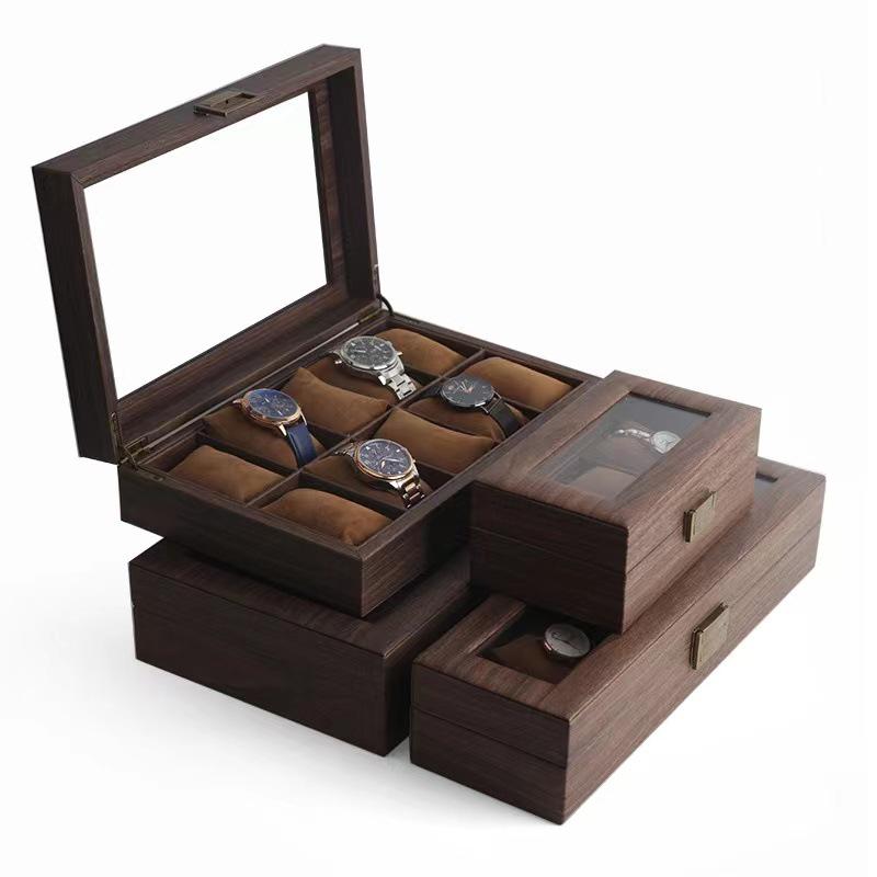 Dustproof Wood Grain Leather Jewelry Watch Box with Glass Display Top
