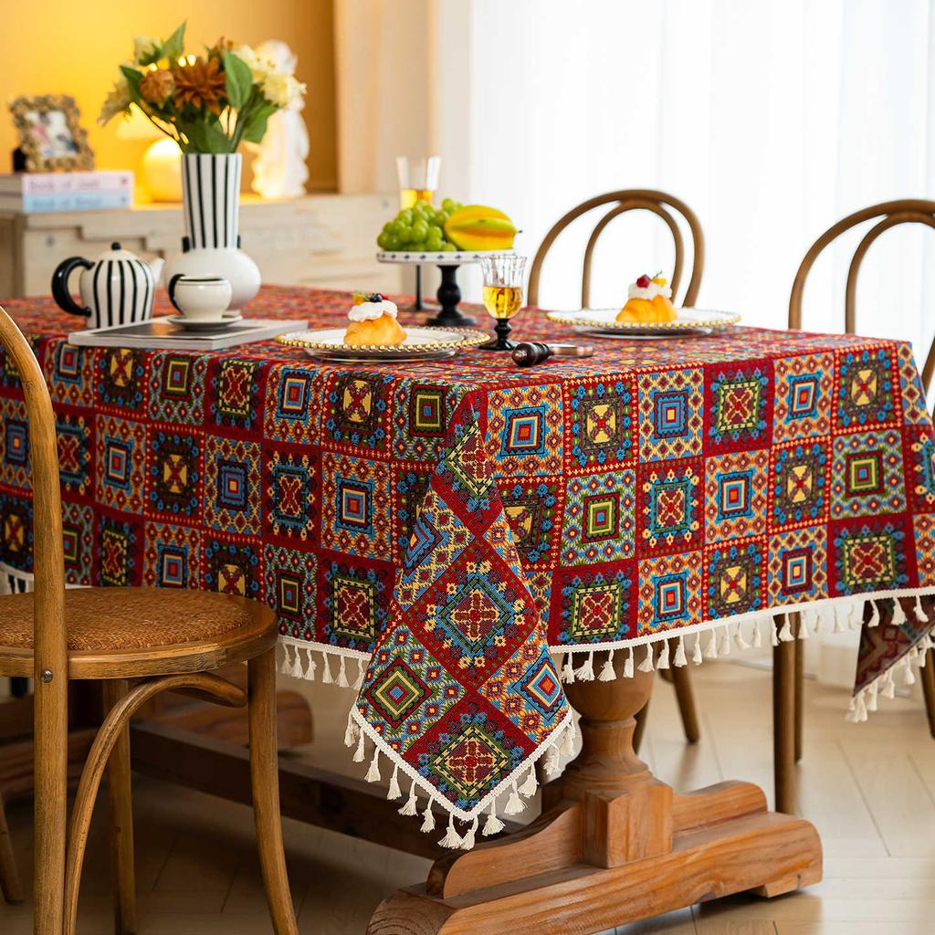 Retro Tablecloth Premium Dining Table Cloth Color Woven Jacquard Coffee Table Cloth Rectangle Tablecloth Geometric Cover Towel
