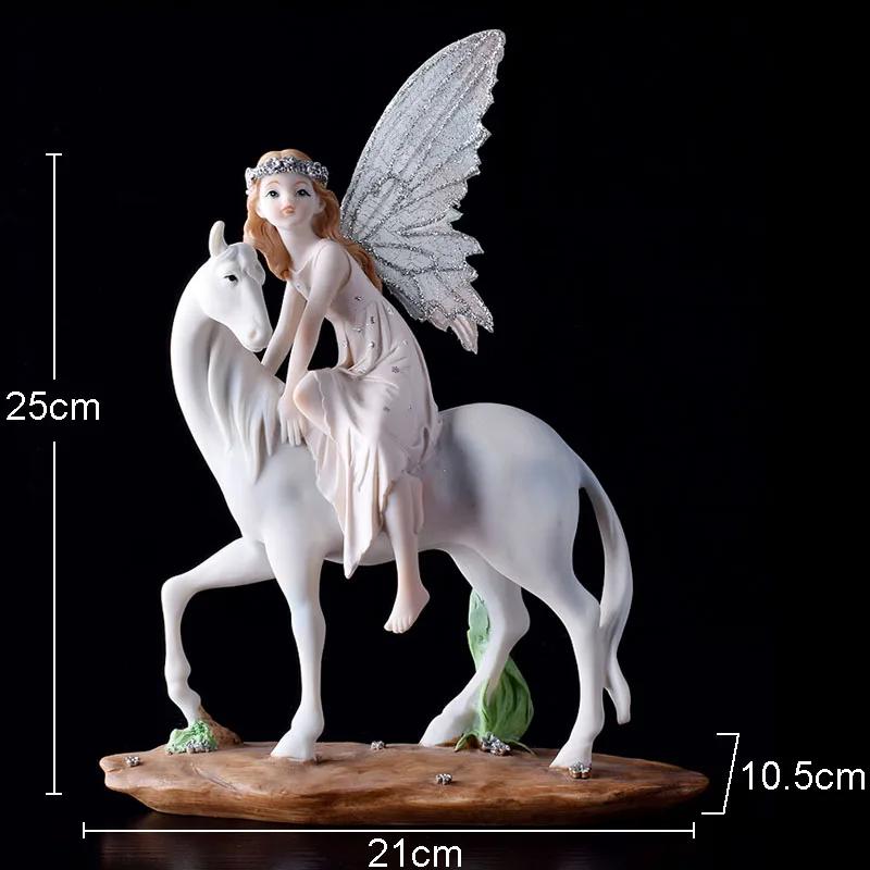 Цветочная Фея Девочка Персонажи Статуэтки из Смолы Верхом на Белой Лошади Ангельские Украшения Настольное Украшение Фигурки Скульптура Современный Декор