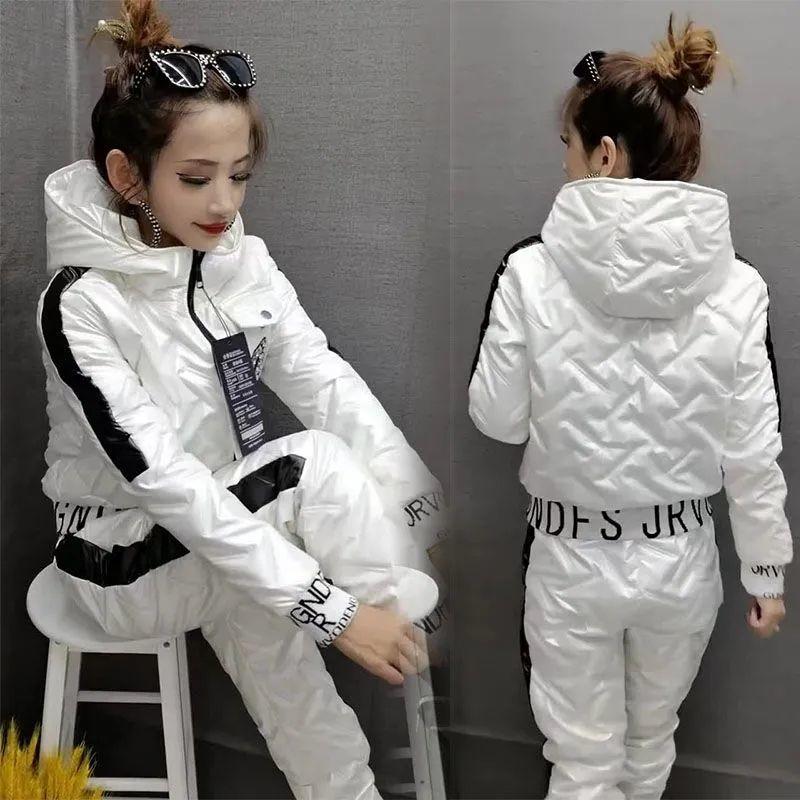 

Зимние Теплые Глянцевые Комплекты из Двух Предметов Женские Утепленные Пуховики Пальто с Капюшоном Костюмы Спортивные Штаны Наряды M