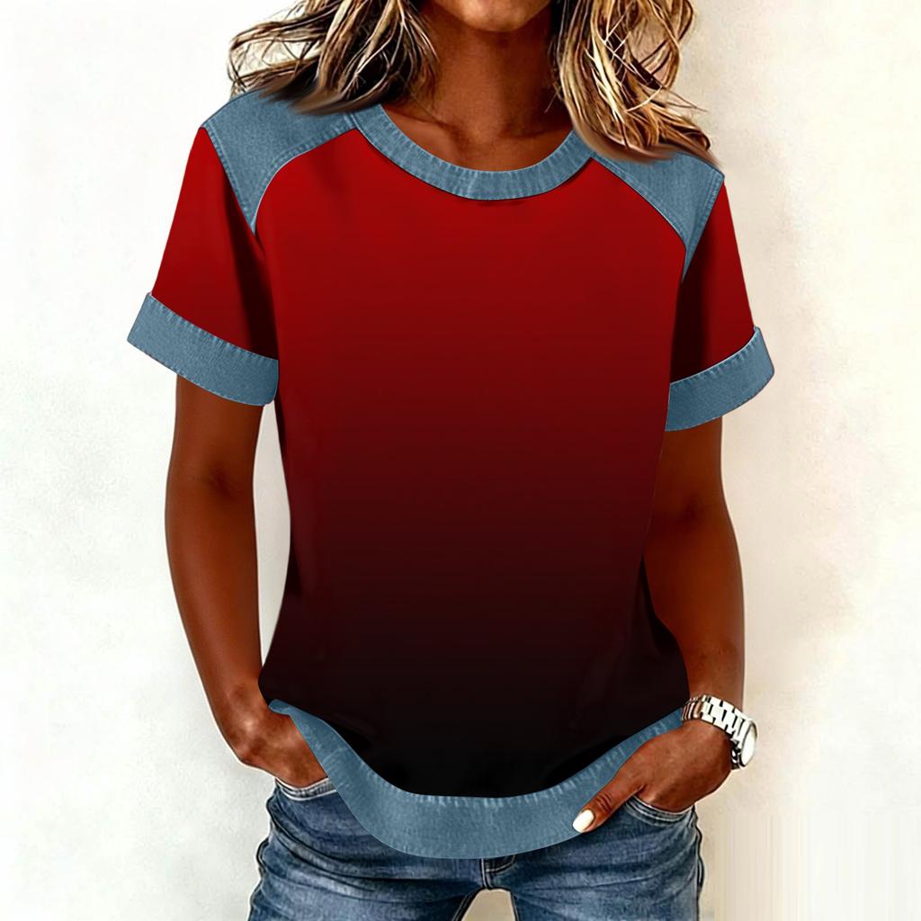 Women Denim Collar Patchwork Stitching Sweatshirt Casual  Printed Pullover Short Sleeve Shirts
