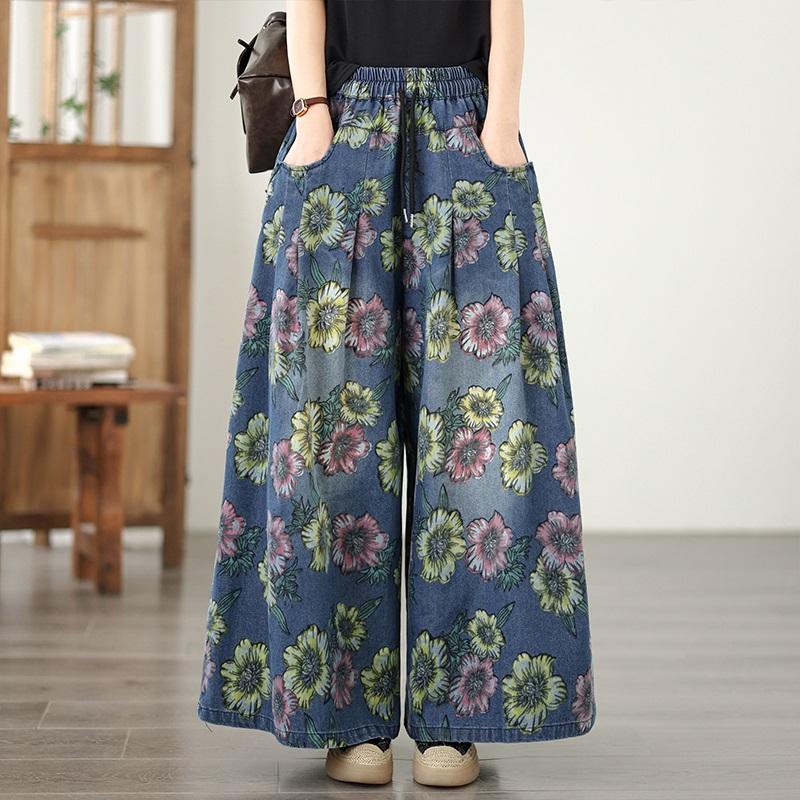 

большой размер Винтажные цветочные джинсы с высокой талией повседневные свободные Женские весенние летние осенние джинсы деним широкие брюки M