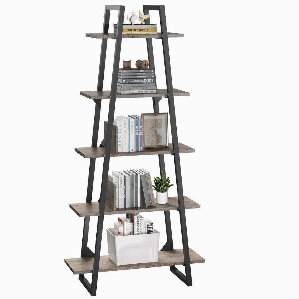 Bookshelf 5 Tier Industrial Wood, Tall Open Rustic Etagere Bookcase Ladder,Standing Display Shelves for Home Living Room Bedroom