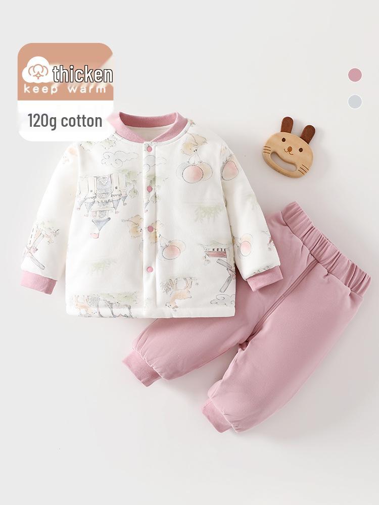 Premium Spring/Autumn Pure Cotton Baby Two-Piece Set: 120g Padded Warm Homewear Jacket