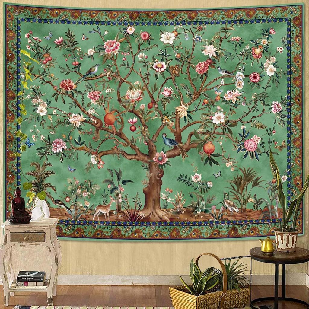 VIKAMA Bohemian Tree of Life Tapestry Vintage Floral and Animal Motifs Aesthetic Home Decor Suitable for Dorm Rooms