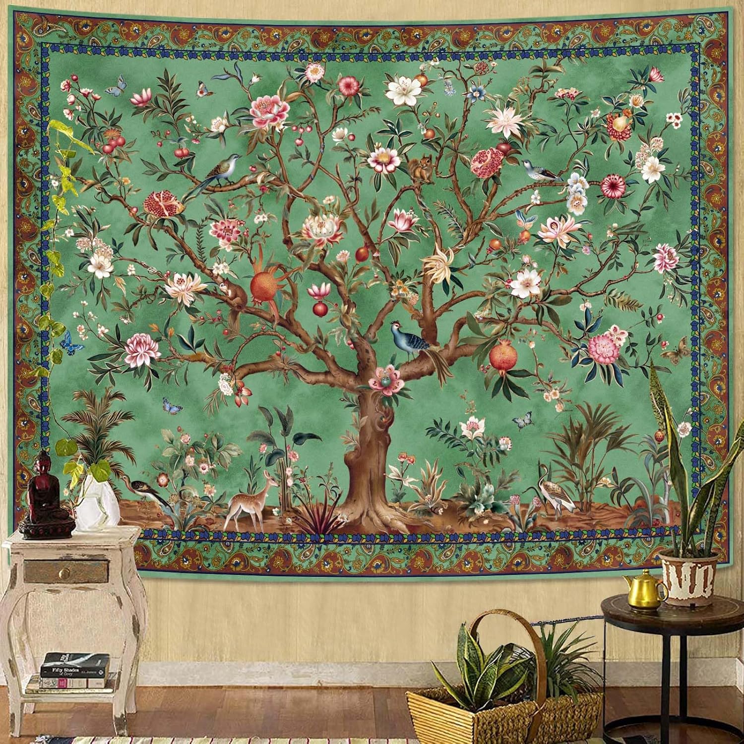 Vintage Floral Leaf Bird Plant Animal Pattern Tapestry Vintage Indian Bohemian Tapestry Tree Of Life Tapestry 74x94cm(29x37in)
