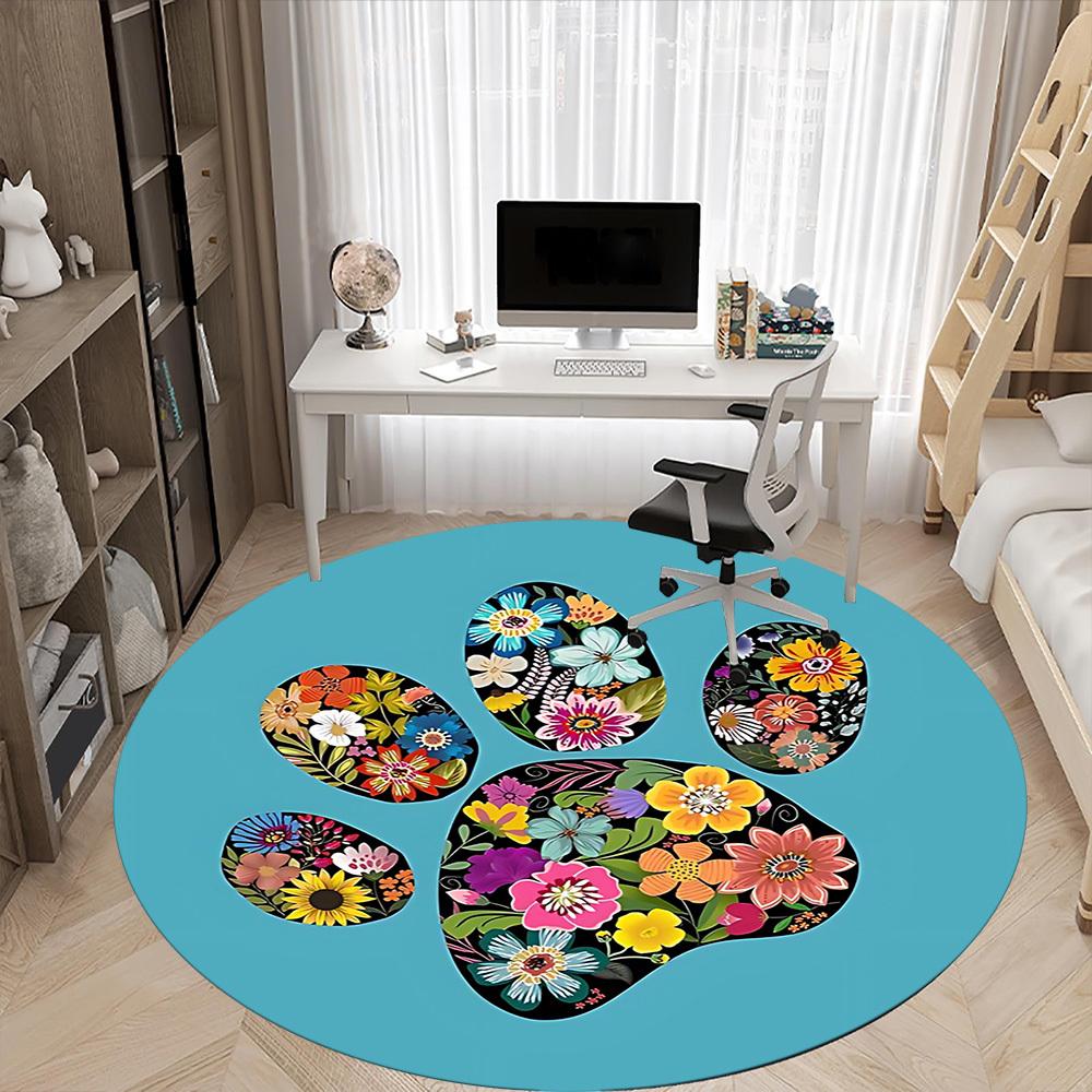 1pc Floral Paw Print Office Round Rug, Non-slip, Soft and Durable Office Rug for Interior Decoration, Perfect for Office,Decoration Yy260204018
