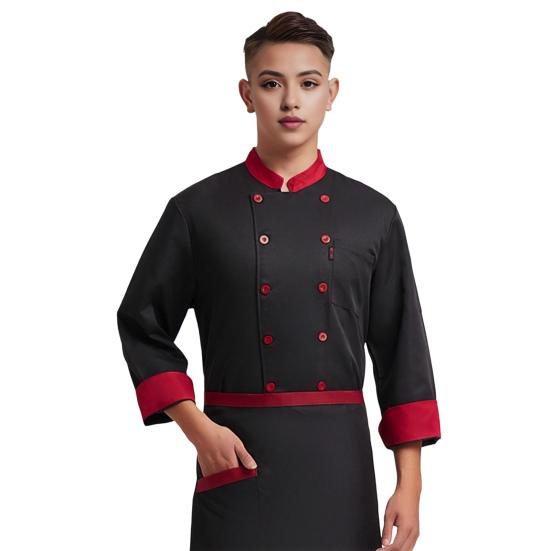 Unisex-Kochuniform mit Brusttasche, Stehkragen, langärmelig, zweireihig, Kochhemd