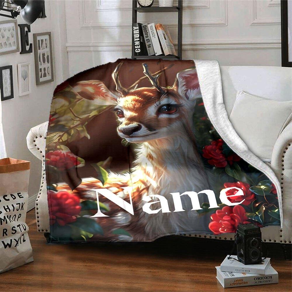 Deer With Flowers Home Customize Your Name Blankets Soft And Cozy For All Seasons Perfect For Picnics Sofa Office Bed Living Room Ideal Gift For
