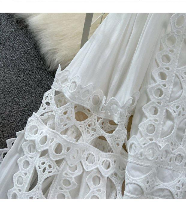 Damenmode Retro Hofstil Laternenkragen Hohlspitze Hohe Taille Rock Anzug