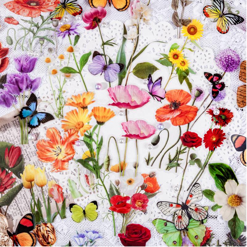 15 pcs Plant and flower PET sticker package Butterfly material sticker hand-decorated hand ledger sticker Junk Journal Supplies