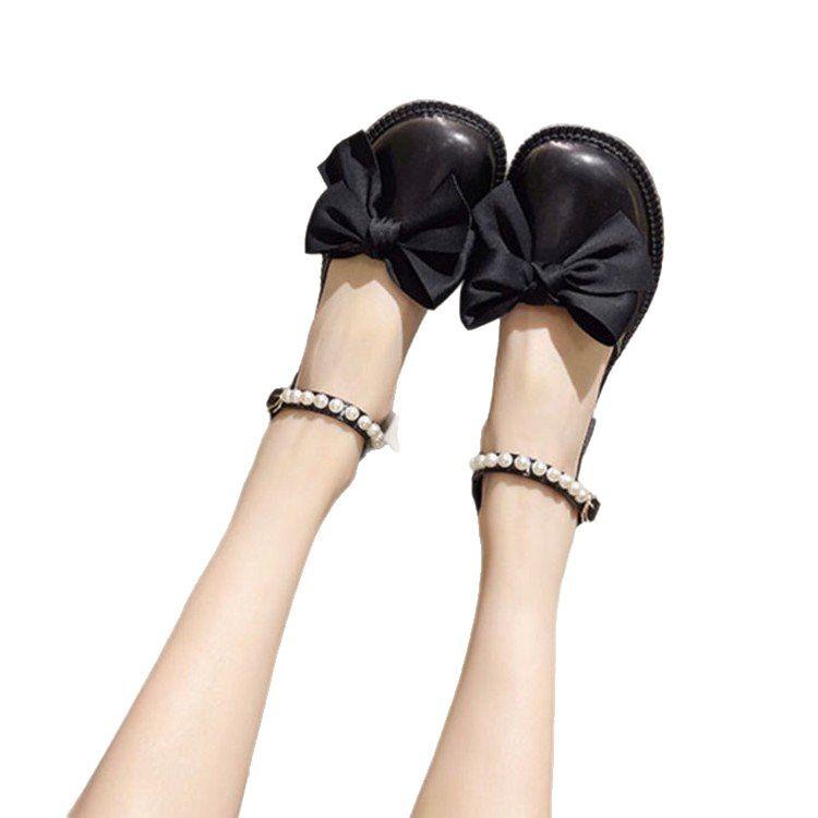 2025 New Luxury Women's Exquisite Small Leather Shoes with Butterfly Knot Pearl Baotou Mary Jane Casual Coarse Heels High Heels