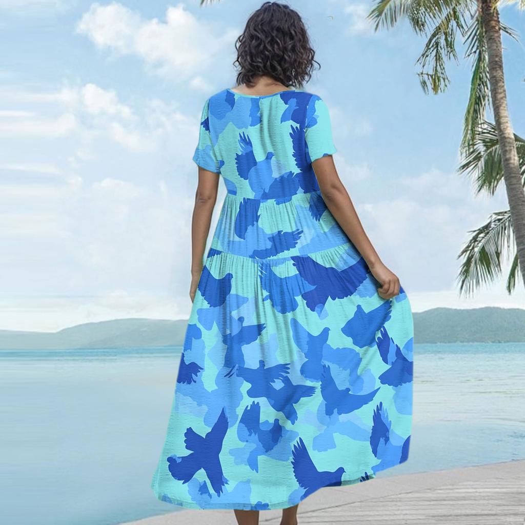 Women's Casual Loose Bohemian Floral Print Short Sleeve Dress