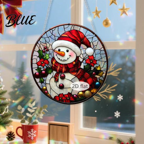 Christmas Window Decorations Acrylic Hanging Decor 2D Holographic Stained Glass Art Vintage Style Holiday Ornament with Metal Chain Double-sided