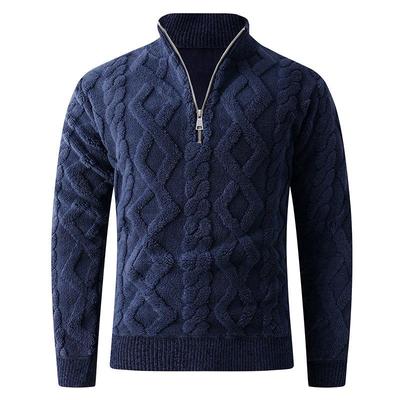 Men's Half-High Collar Cross-Stitch Cable Knit Sweater with Zipper - Thick and Warm