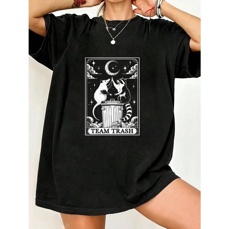 

Oversized T Shirt Black Rat And Cat On Trash Can With Moon Stars And Team Trash Text Graphic Print Casual Streetwear For Women XXXXL