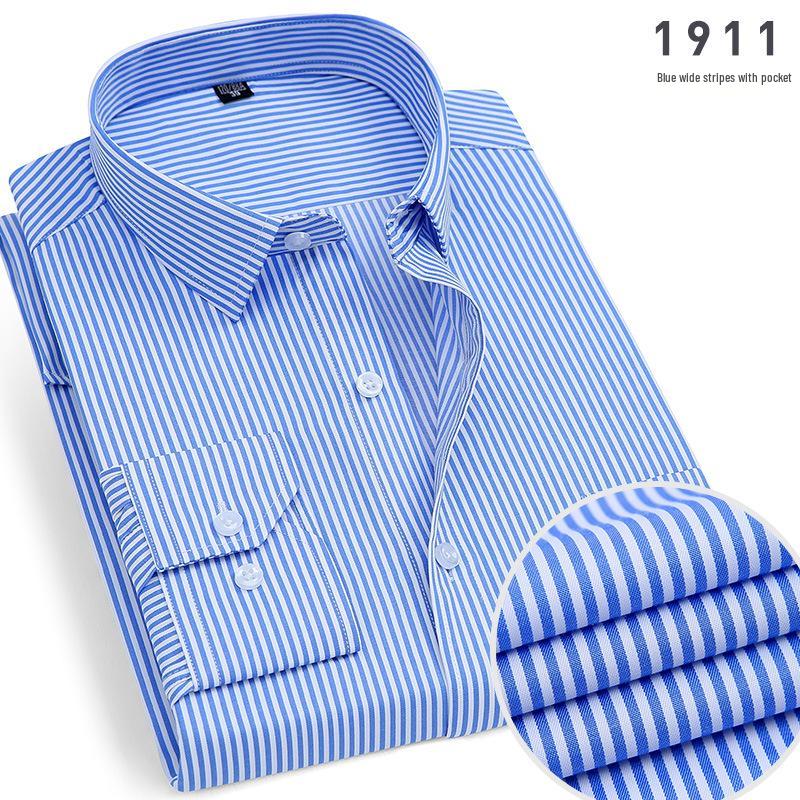 2025 Men's Non-Iron Long Sleeve Blue Striped Shirt: Spring & Autumn Business Wear