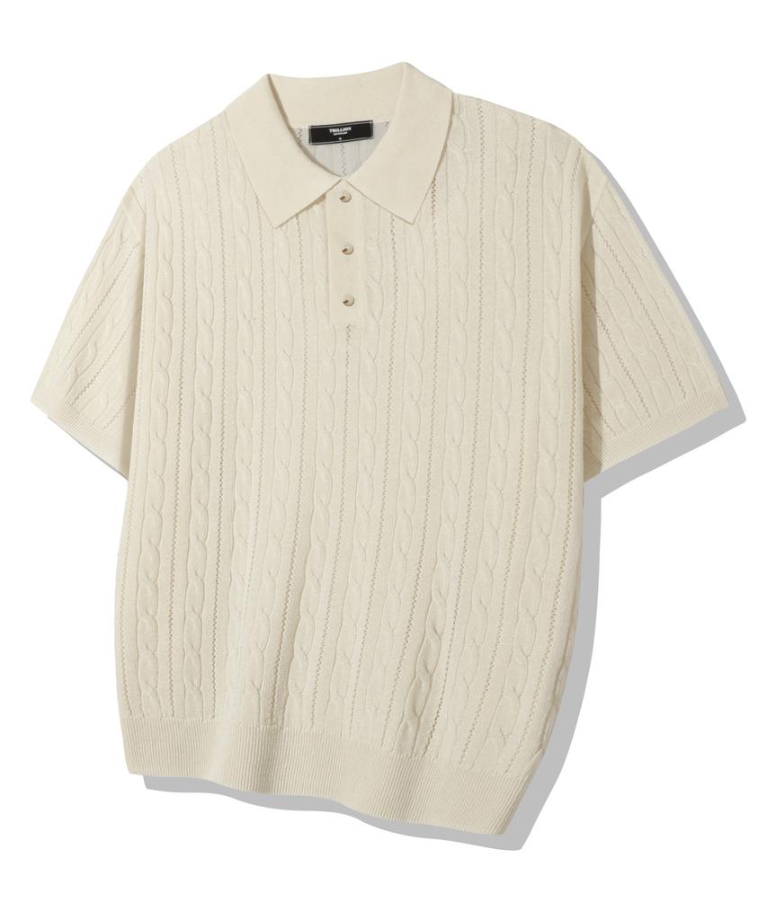 TRILLION Washable Resort Cable Collar Short Sleeve Knit_Ivory