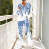 Women's V-Neck Printed Long Sleeve Hoodie Loungewear Set with Pockets - Loose Fit 2 Piece Casual Sleepwear Pajama Set for Home