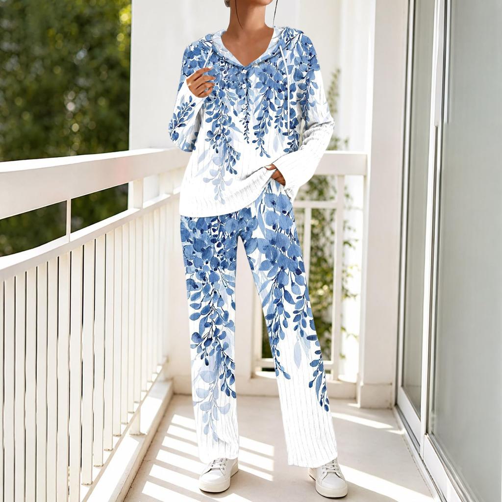 Women's V-Neck Printed Long Sleeve Hoodie Loungewear Set with Pockets - Loose Fit 2 Piece Casual Sleepwear Pajama Set for Home