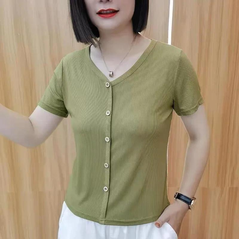 

Women s White V-Neck Knit Top Short Sleeve Button Front Casual Slim Fit Blouse S зелений