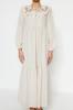 Women's Fashion New Hijab Dress Cinnamon Collar Embroidered Half Patch Linen Look Woven Dress