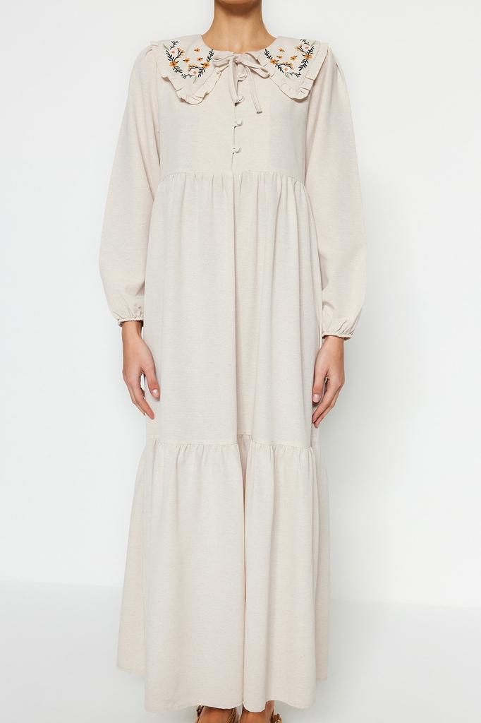 Dámské módní nové hidžábové šaty se skořicovým límcem, vyšívané, poloviční záplaty, tkané šaty z lněného vzhledu