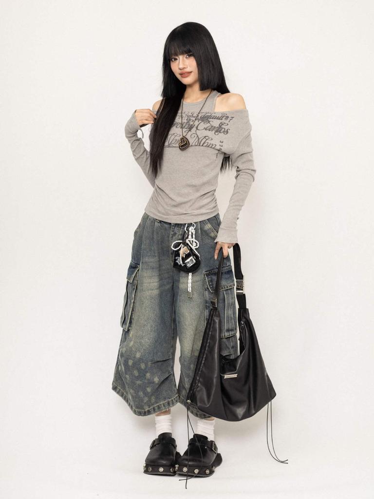 Damen Herbst Retro Ein-Schulter Slim Fit Langarm Oberteil