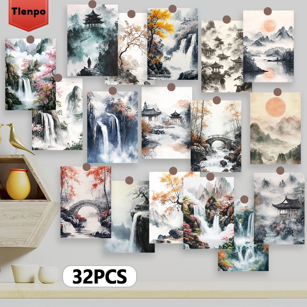 32pcs, Ancient Style Landscape Postcards, Wall Stickers, Mailing Cards, Greeting Cards, DIY Postcards, Souvenir Postcards, Decor
