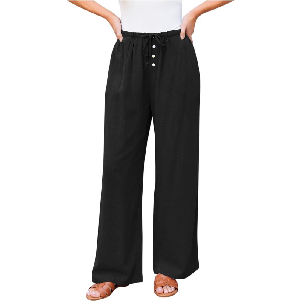 Women's Casual Fashion Cotton And Linen Drawstring Button Trousers