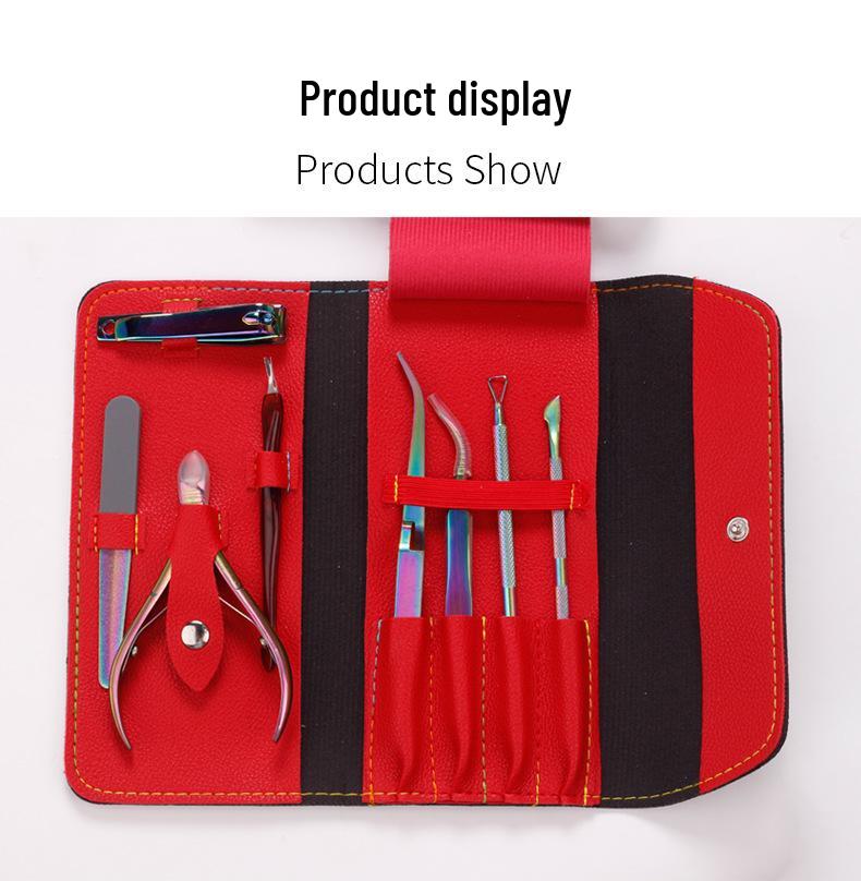 Manicure Tool Set: Precision Tweezers, Small Scissors, Clippers, Pusher, High-End Leather Case