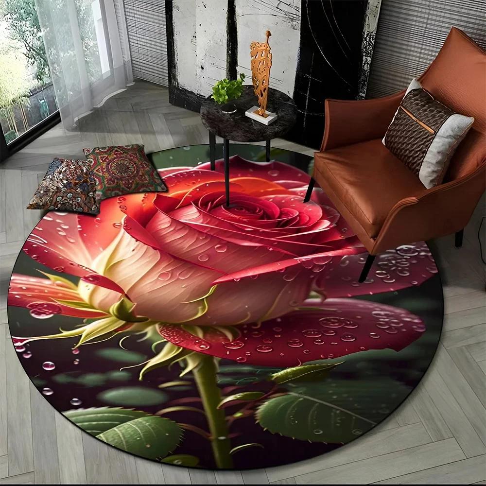 3D Luxusný koberec Flower Rose Daisy Nordic Okrúhly koberec do obývačky Spálňa Dekor stoličky do detskej herne, Protišmyková podložka pre domáce zvieratá