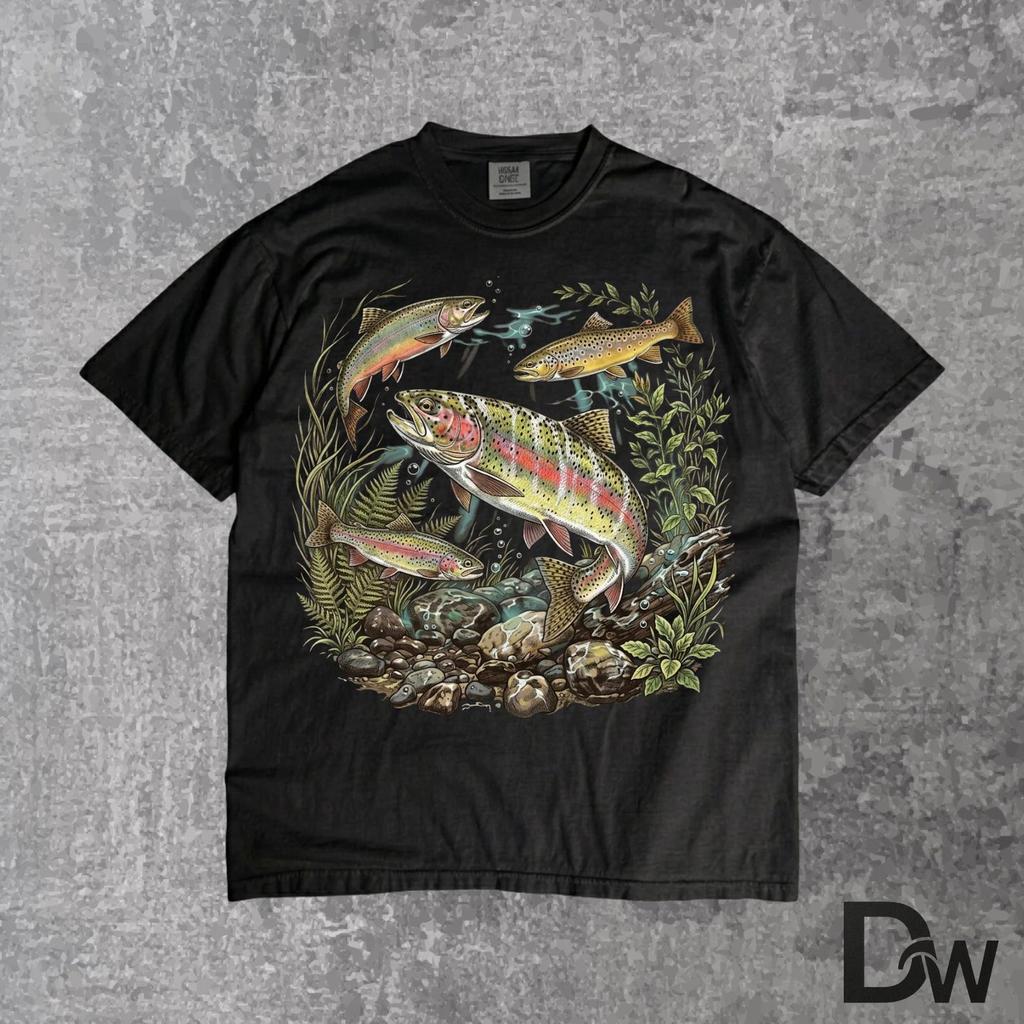 Vintage Rainbow Trout River Wildlife T-Shirt | Retro 90s Fishing Nature Graphic Tee, Fisher Gift