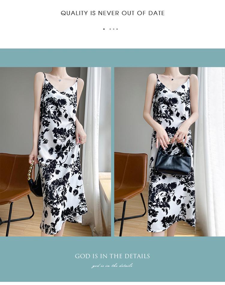 Women's Summer V-Neck Floral Acetate Satin Camisole Dress - Hip-Hugging Over-the-Knee Design