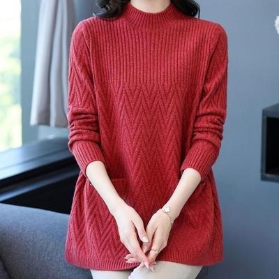 Autumn and Winter Mid Length Women's  Pullover Half High Neck Panel Screw Thread Pocket Loose Knitted Long Sleeved Sweater