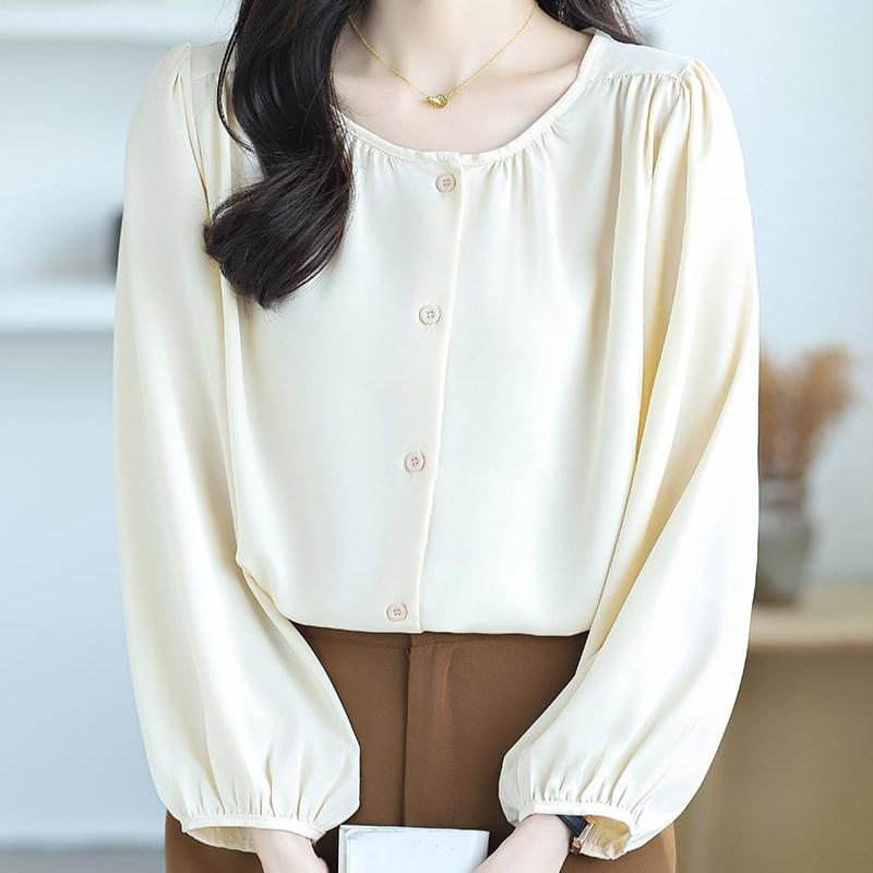 New Fashion Lantern Sleeve Loose Casual Blouse Women Single Breasted Elegant Solid Vintage Shirts Women Tops Round Neck Plus Size Ladies Blouses 26335